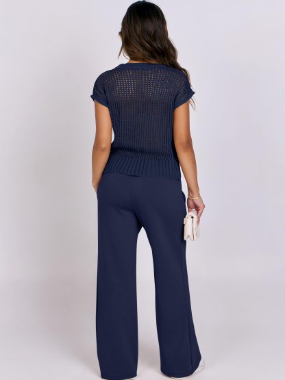Easy Crochet Texture Top Wide Leg Pants Set