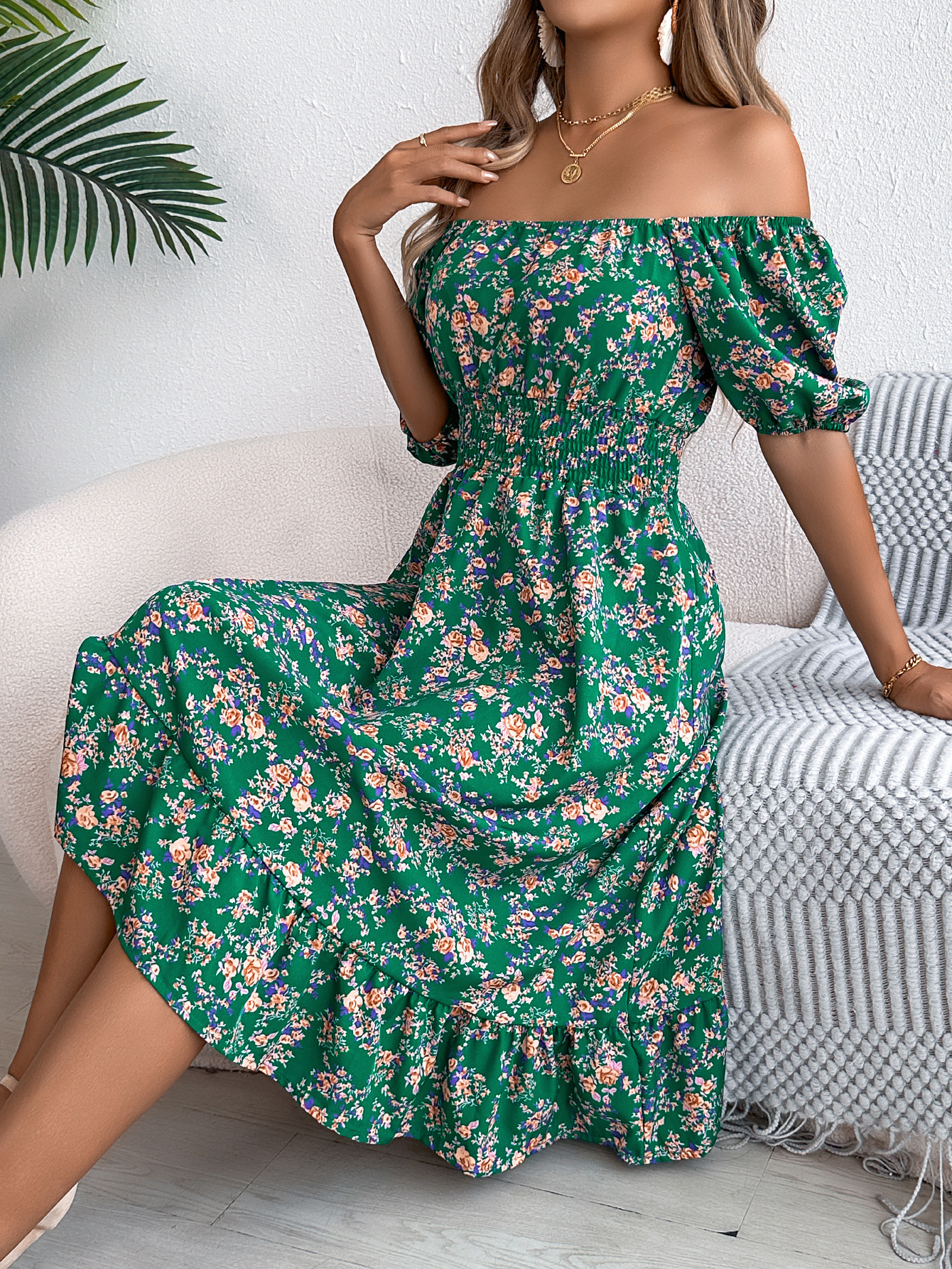 Elegant Floral Square Neck Smocked Waist Midi Dress