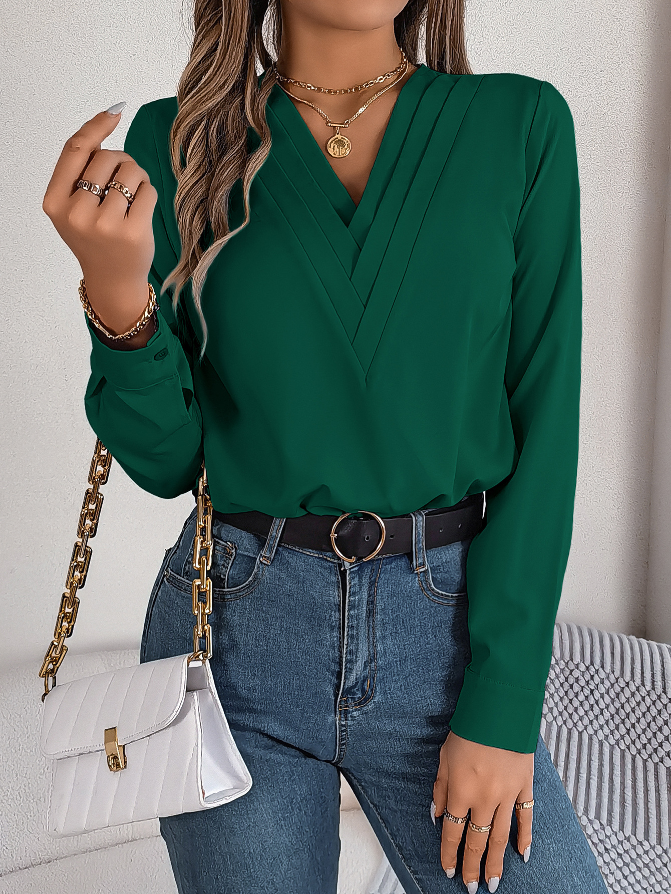 [PL] Pleated V-Neck Long Sleeve Blouse