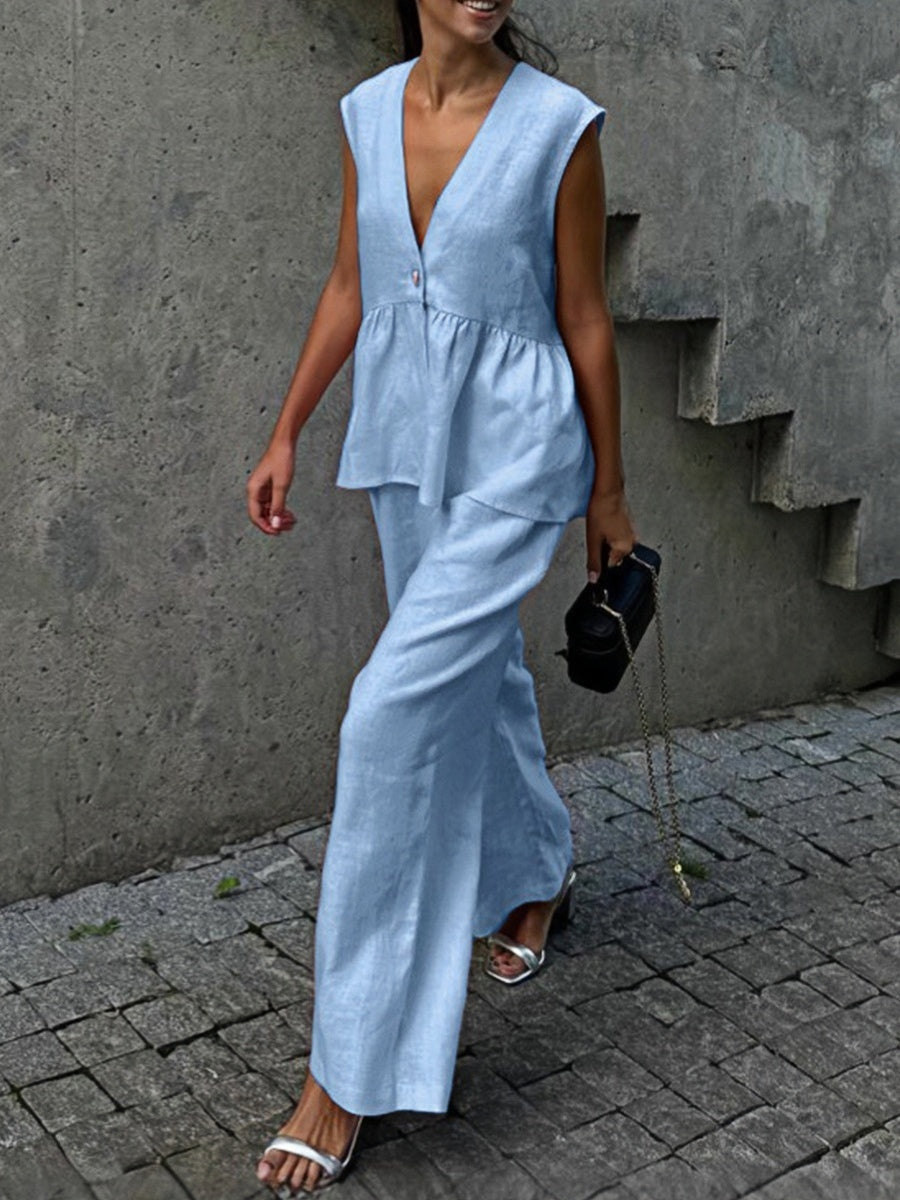 Sleeveless V-Neck Loose Top And Elastic Waist Pocket Wide-Leg Pants Set