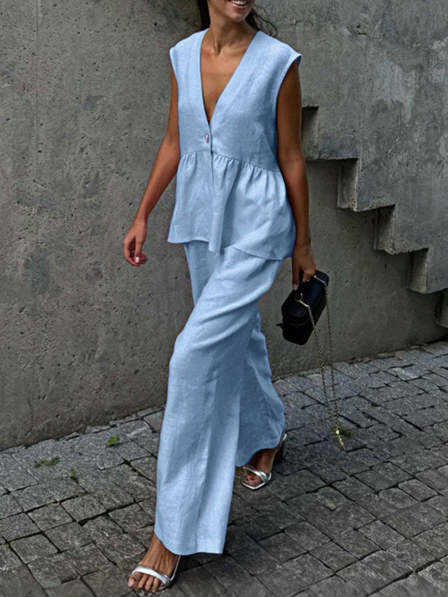 Sleeveless V-Neck Loose Top And Elastic Waist Pocket Wide-Leg Pants Set