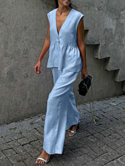 Sleeveless V-Neck Loose Top And Elastic Waist Pocket Wide-Leg Pants Set