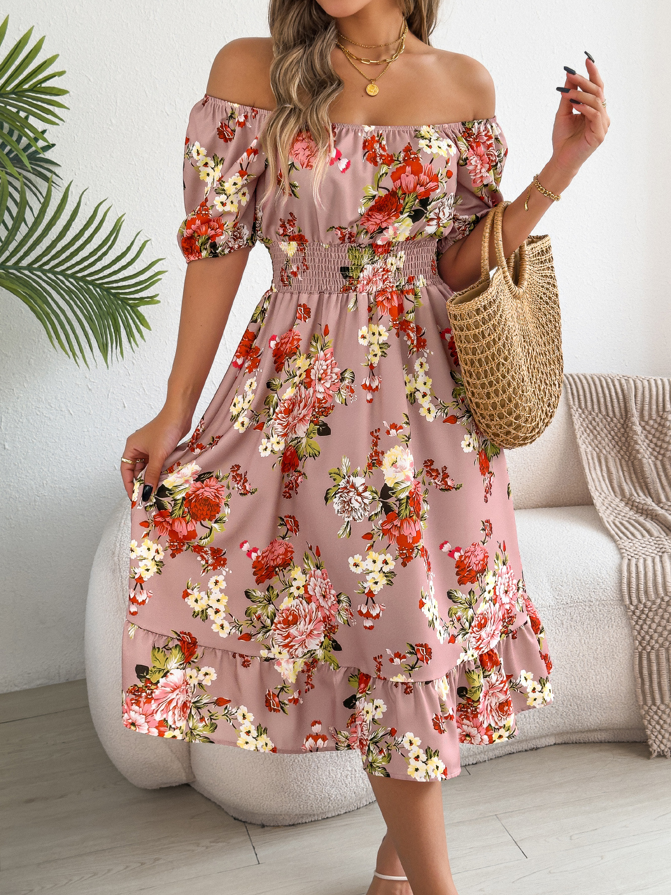 [PL] Floral Smocked Waist Puff Sleeve Midi Dress