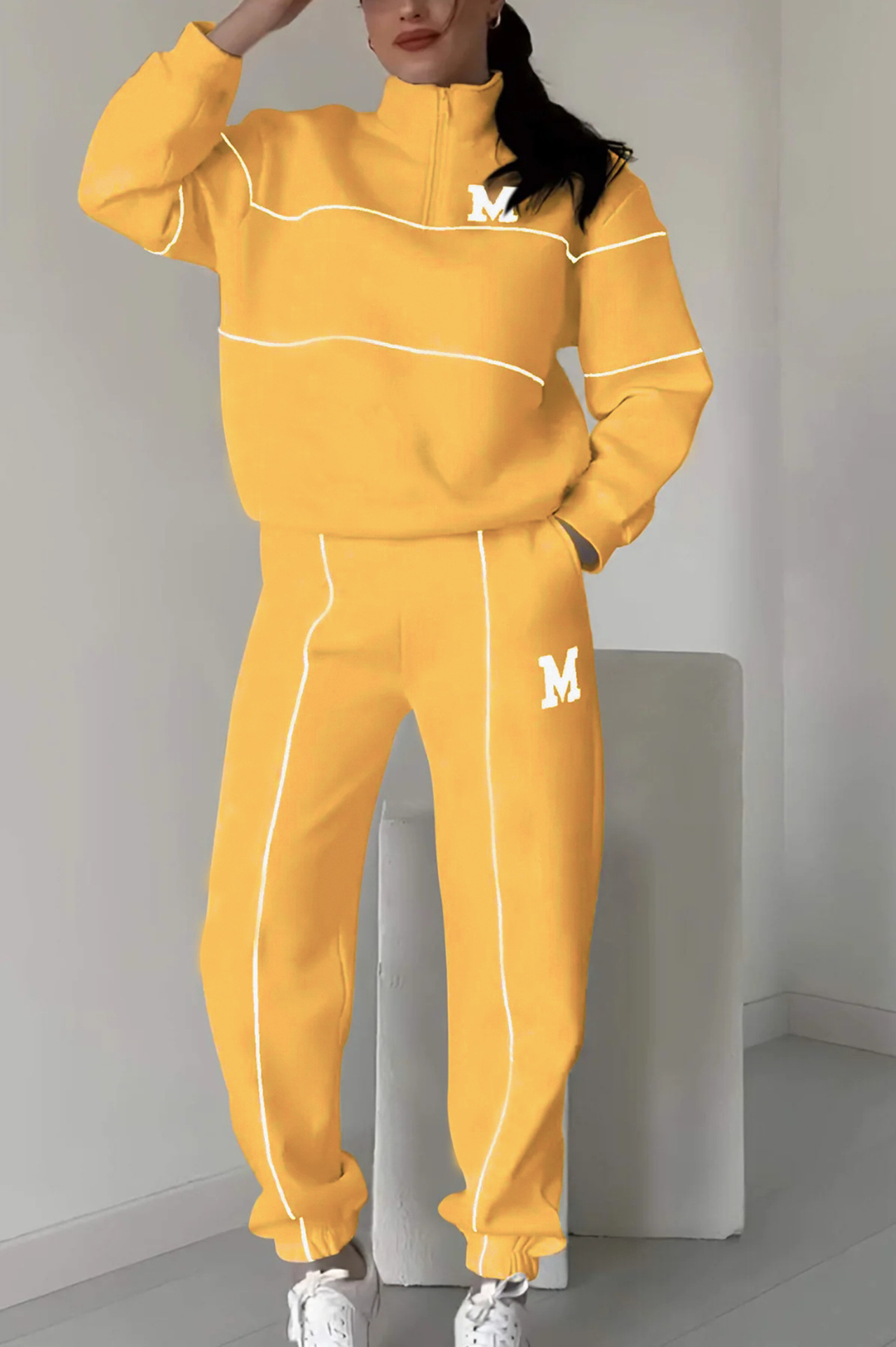 Relaxed Zip Pullover Set with Contrast Trim (Buy 2 Free Shipping)