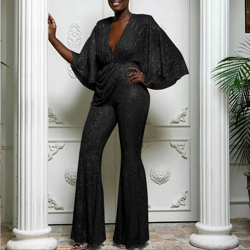 Elegant Sequin Draped Wide Sleeve Jumpsuit (Buy 2 Free Shipping)