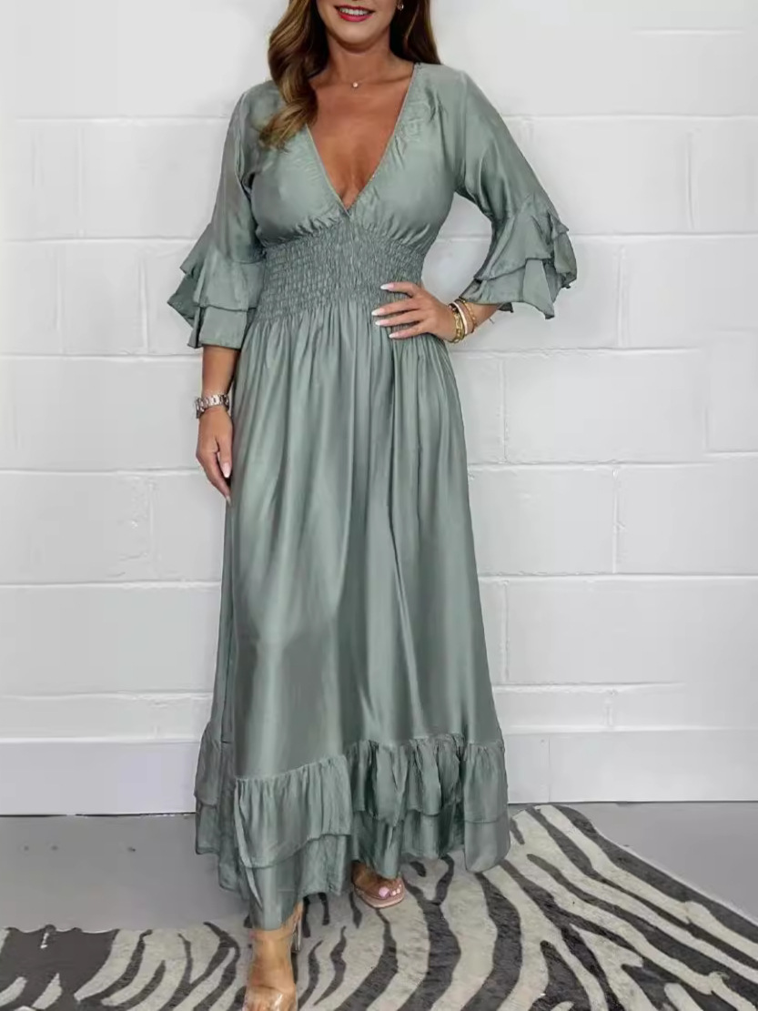 Elegant Smocked Waist Ruffle Sleeve Satin Maxi Dress