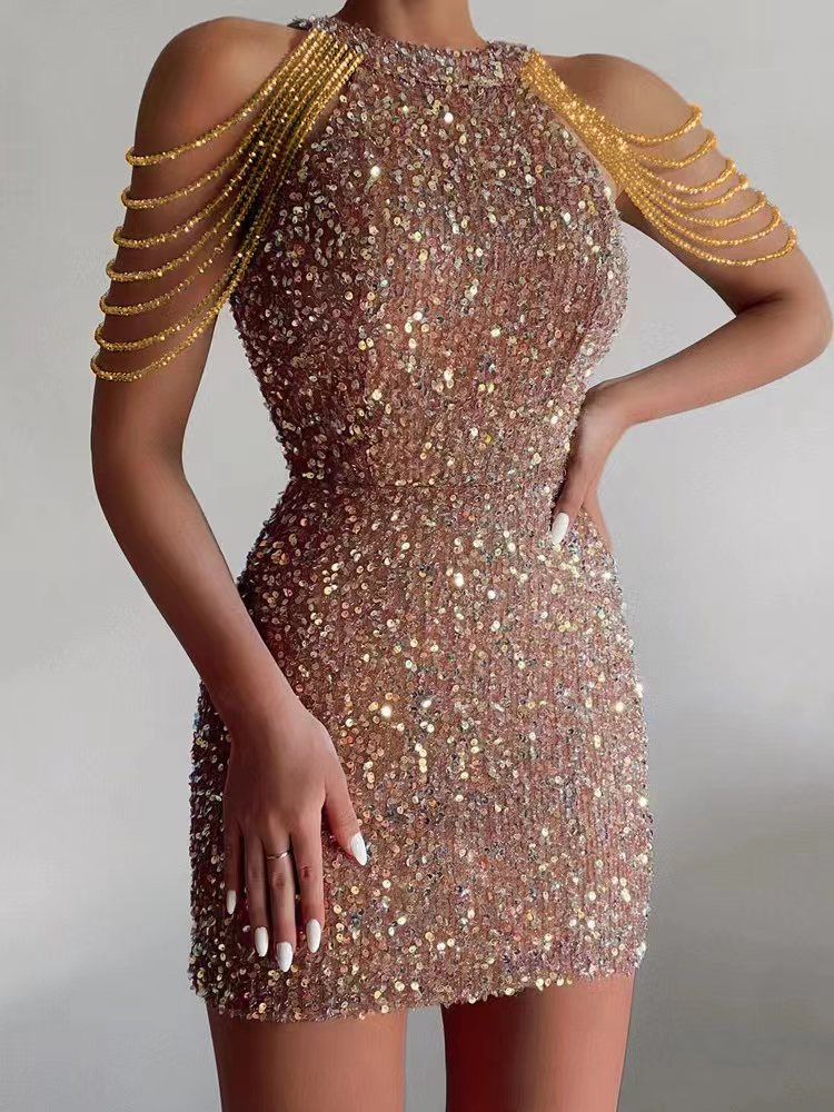 Looking At The Glamorous View Sequin Tassel Shoulder Cocktail Mini Dress 