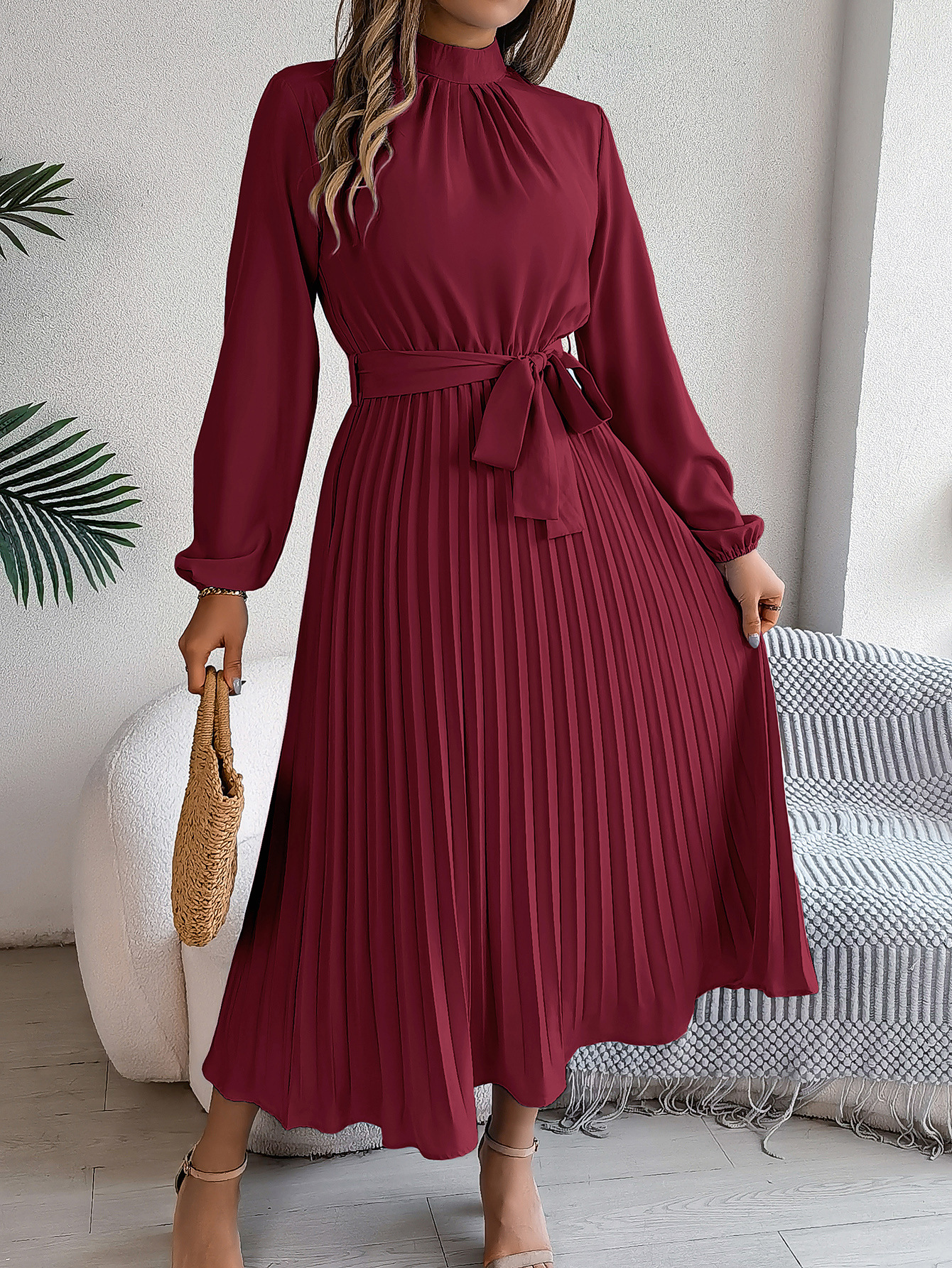 Elegant Long Sleeve Pleated Midi Dress with Waist Tie (Buy 2 Free Shipping)