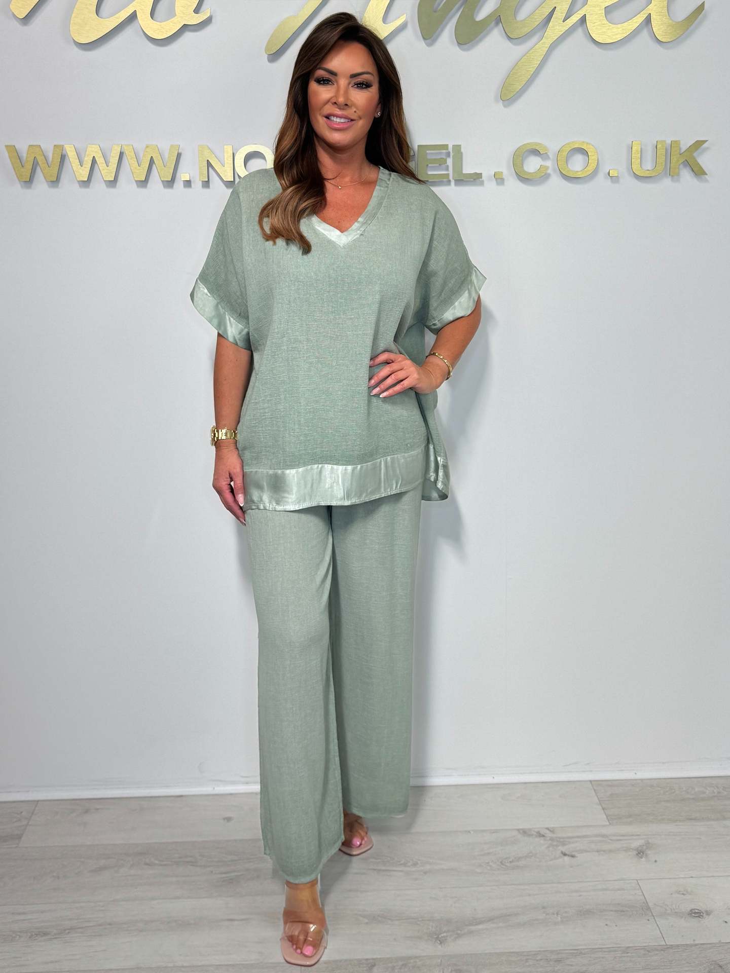 Satin Trim V-Neck Two Piece Set (Buy 2 Free Shipping)