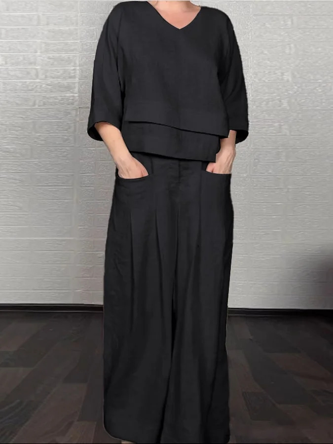 Loose V-Neck Top and Wide-Leg Pants Two Piece Set (Buy 2 Free Shipping)
