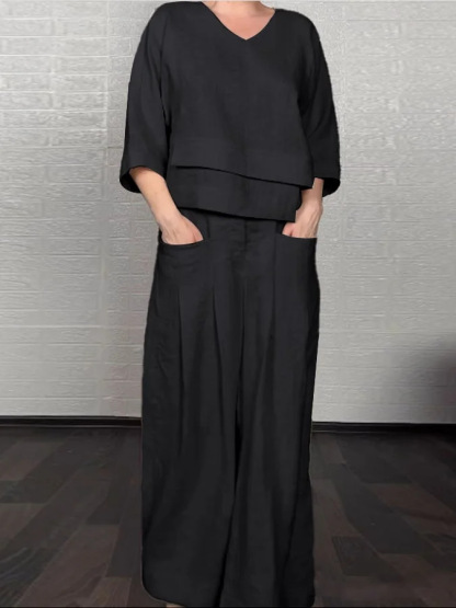 Loose V-Neck Top and Wide-Leg Pants Two Piece Set (Buy 2 Free Shipping)