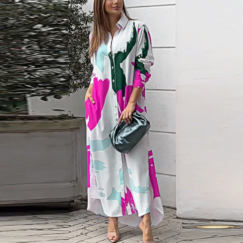 Abstract Print Button-Down Maxi Shirt Dress (Buy 2 Free Shipping)