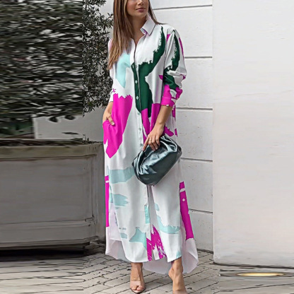 Abstract Print Button-Down Maxi Shirt Dress (Buy 2 Free Shipping)
