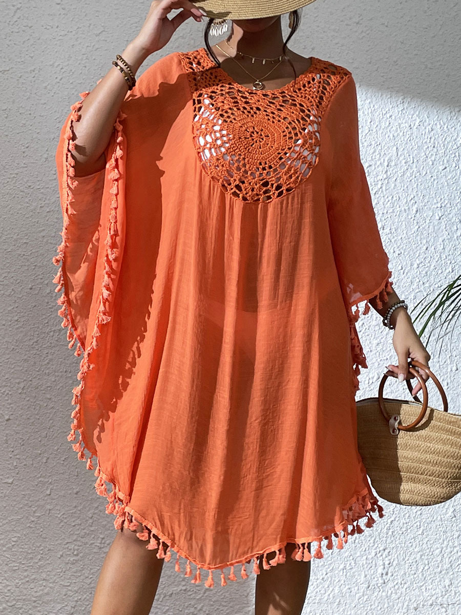Boho Tassel Trim Crochet Yoke Loose Kaftan Dress