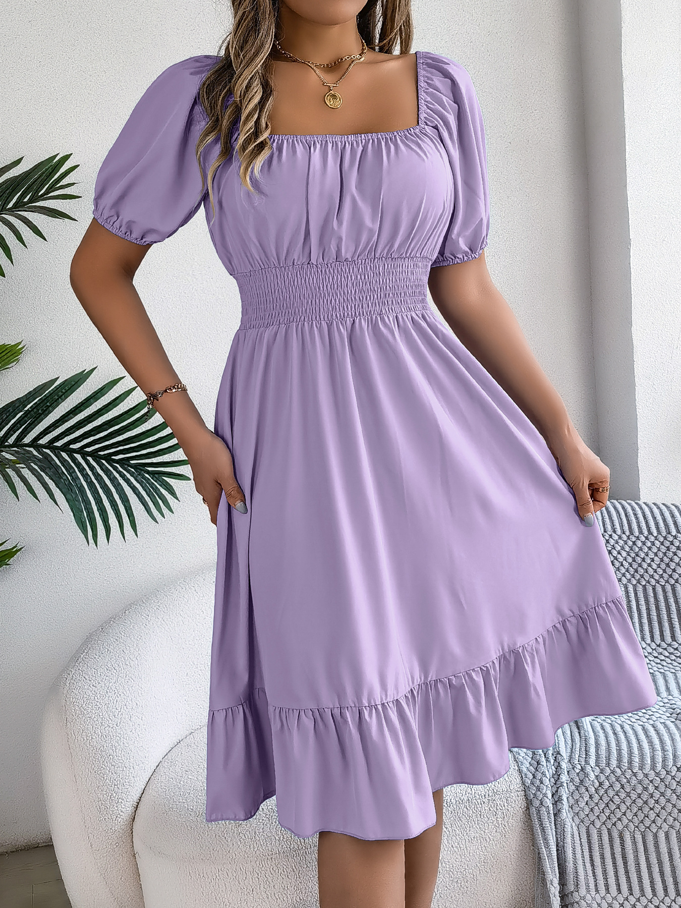 Romantic Square Neck Smocked Waist Ruffle Hem Midi Dress