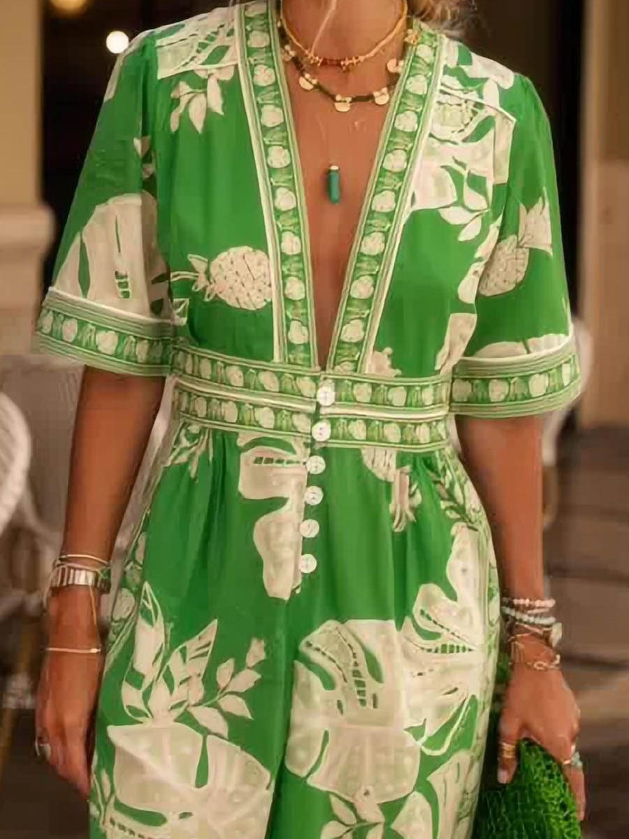 Fresh Holiday Floral Print V-Neck Short Sleeve Jumpsuit (Buy 2 Free Shipping)