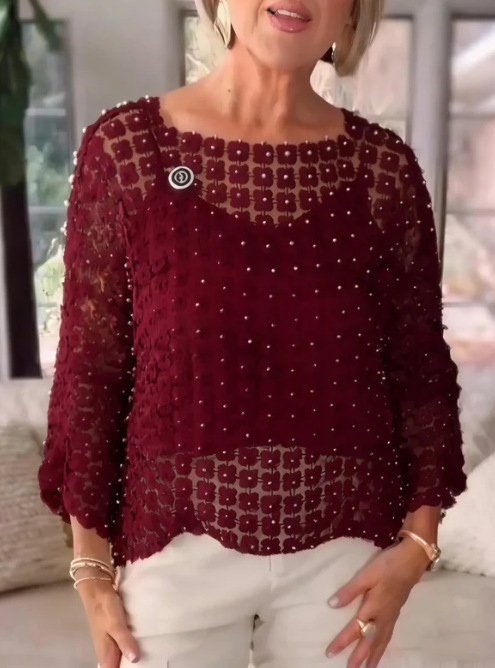 Elegant Floral Pearl Crochet Mesh Top