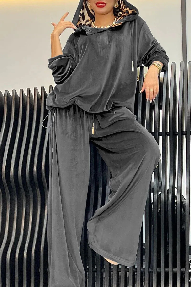 Elegant Velvet Hooded Top with Leopard Detail and Wide Leg Pants Set (Buy 2 Free Shipping)