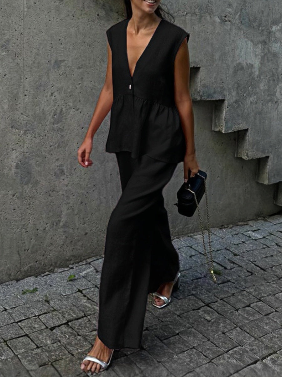 Sleeveless V-Neck Loose Top And Elastic Waist Pocket Wide-Leg Pants Set