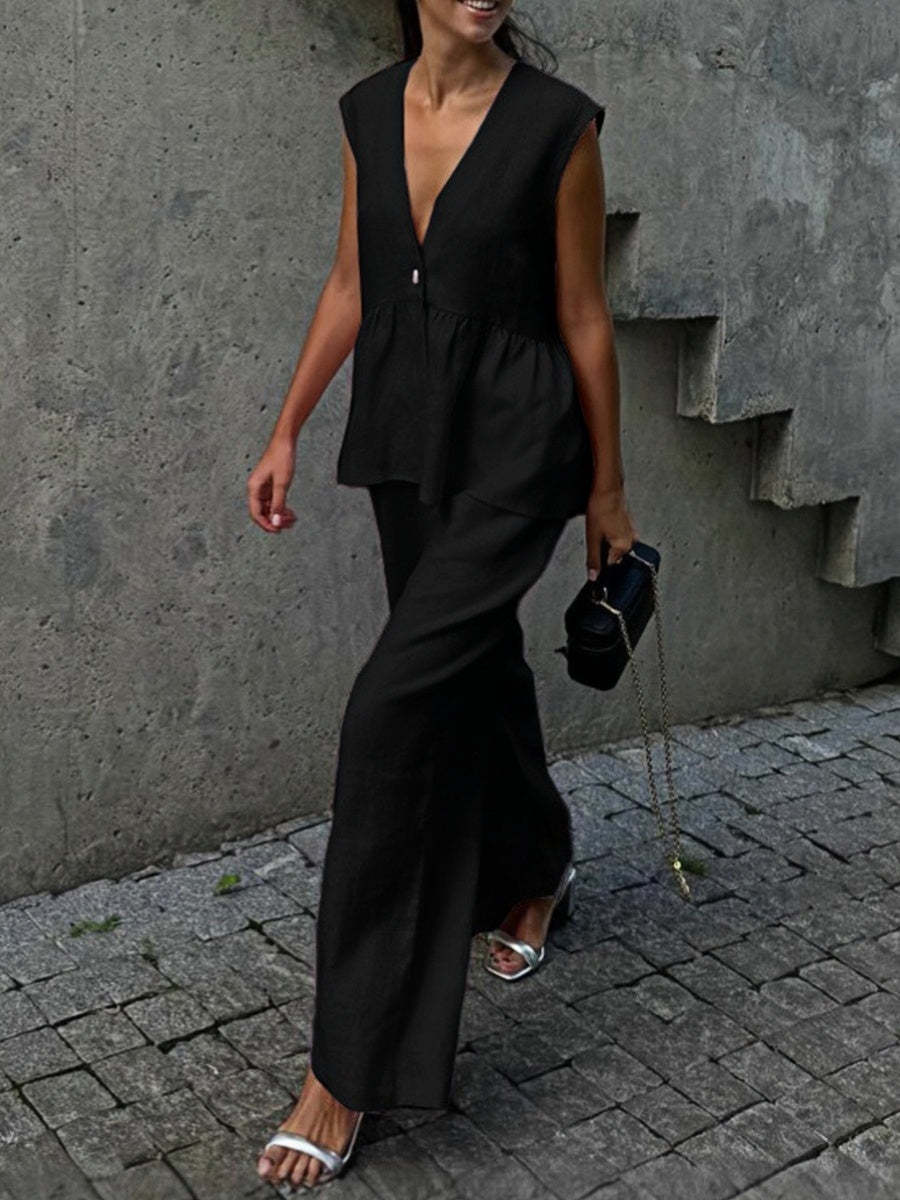 Sleeveless V-Neck Loose Top And Elastic Waist Pocket Wide-Leg Pants Set