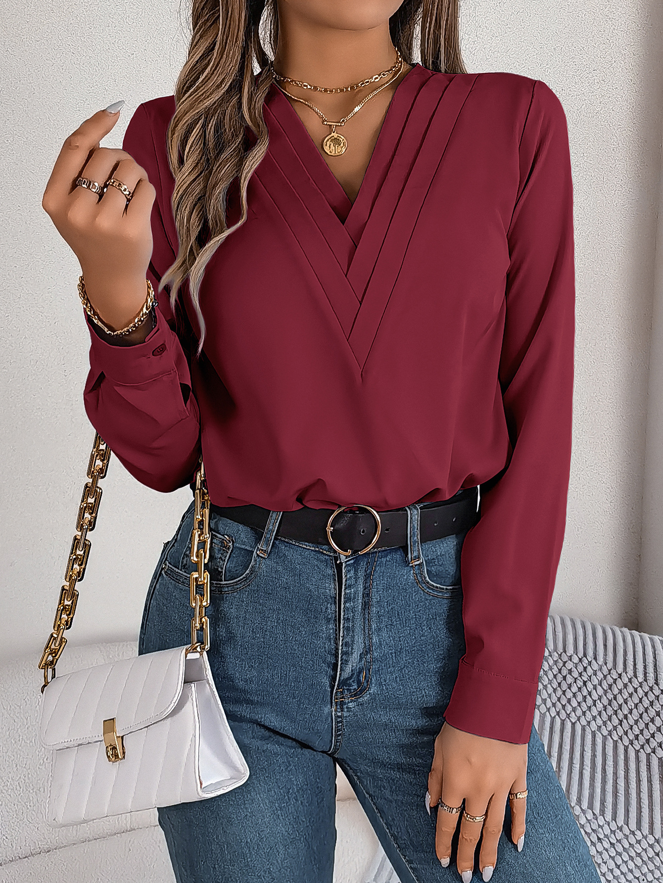 [PL] Pleated V-Neck Long Sleeve Blouse