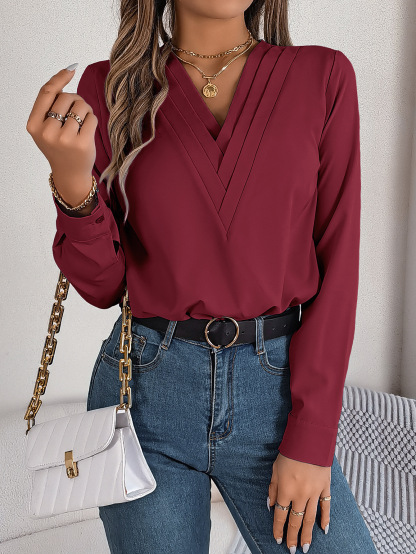 [PL] Pleated V-Neck Long Sleeve Blouse
