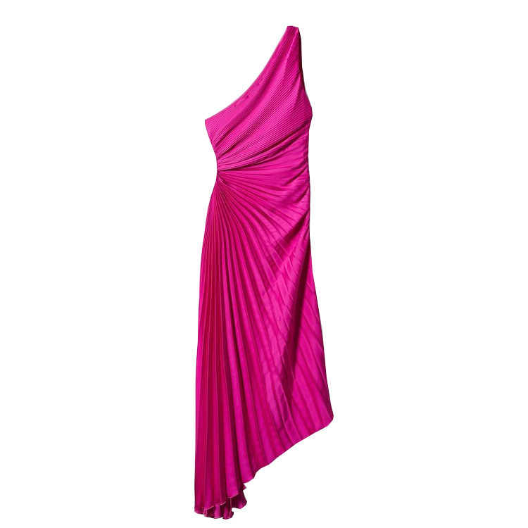 European And American Women'S New Fashion Solid Color Casual Sexy Temperament One-Shoulder Diagonal Collar Pleated Hollow Dress Long Skirt