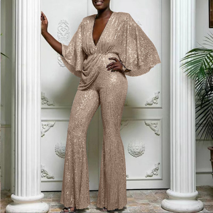Elegant Sequin Draped Wide Sleeve Jumpsuit (Buy 2 Free Shipping)
