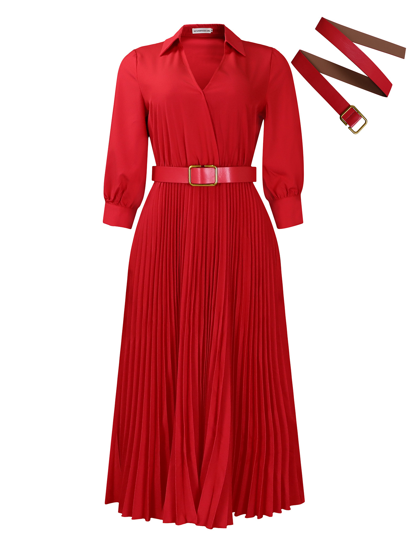 Chic V-Neck Belted Pleated Midi Dress with Puff Sleeves