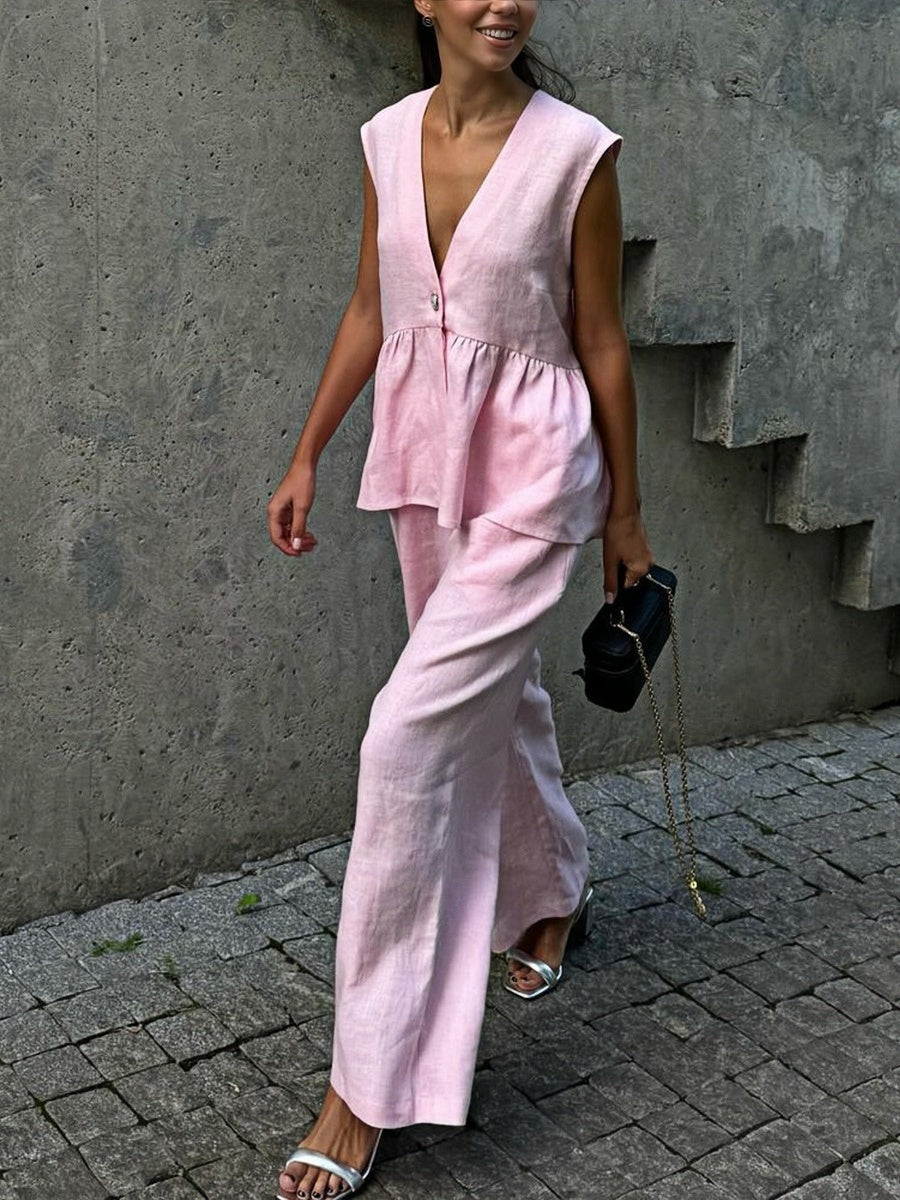 Sleeveless V-Neck Loose Top And Elastic Waist Pocket Wide-Leg Pants Set