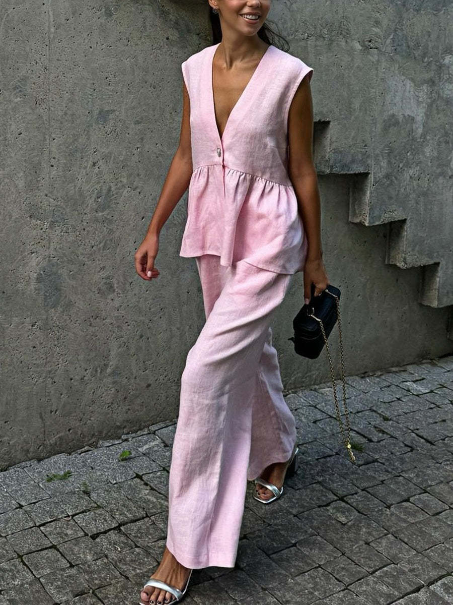 Sleeveless V-Neck Loose Top And Elastic Waist Pocket Wide-Leg Pants Se