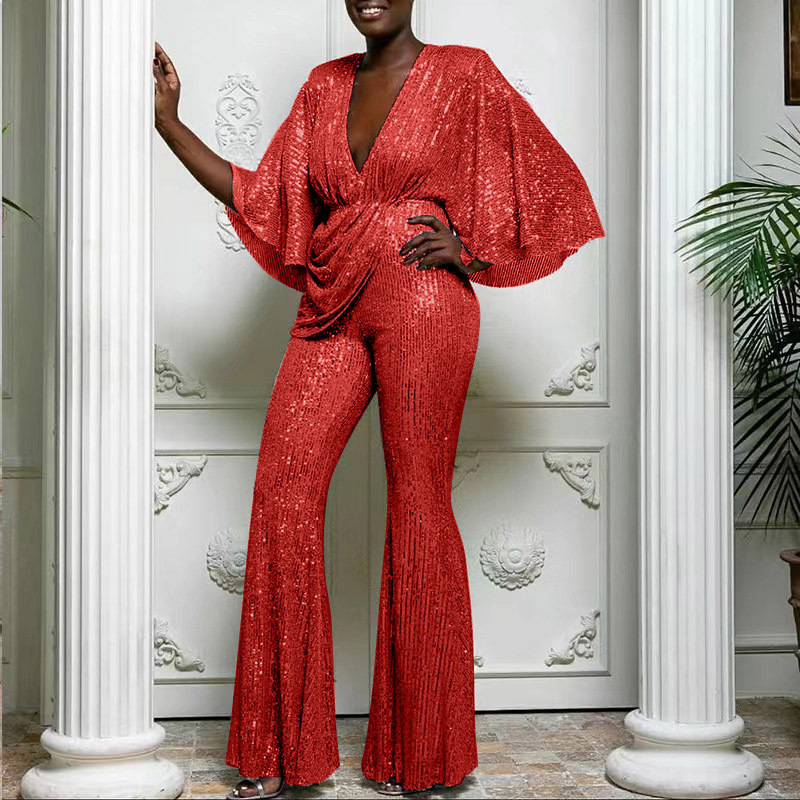 Elegant Sequin Draped Wide Sleeve Jumpsuit (Buy 2 Free Shipping)