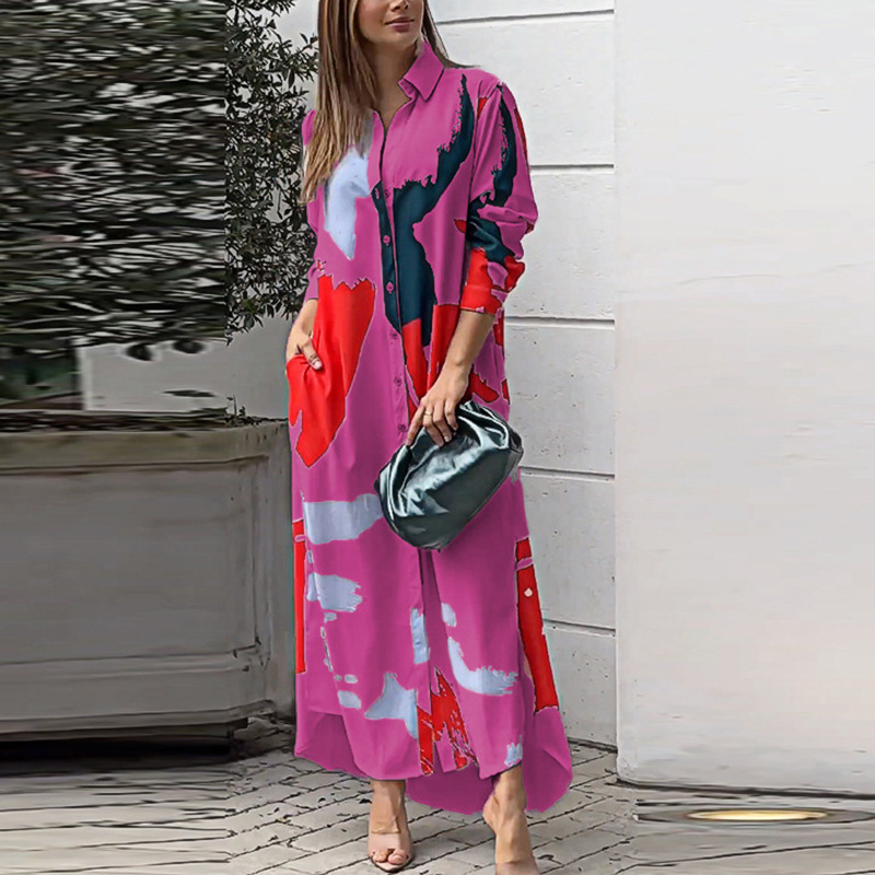 Abstract Print Button-Down Maxi Shirt Dress (Buy 2 Free Shipping)