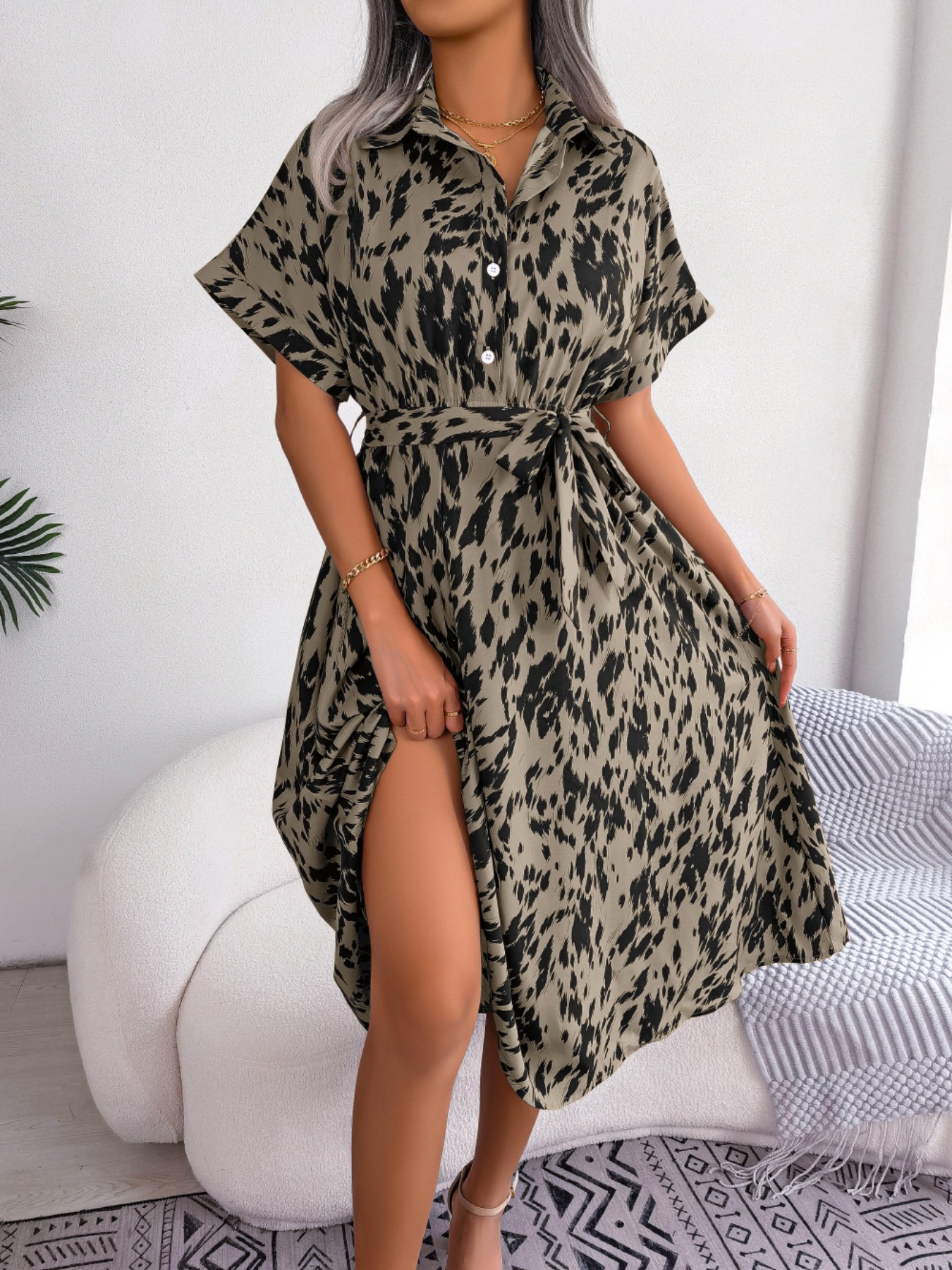 [PL] Abstract Print Tie-Waist Button-Front Midi Shirt Dress