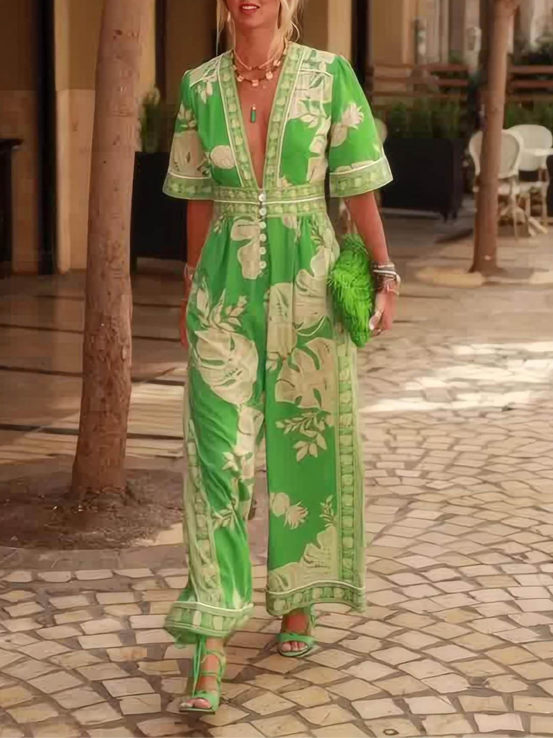 Fresh Holiday Floral Print V-Neck Short Sleeve Jumpsuit (Buy 2 Free Sh