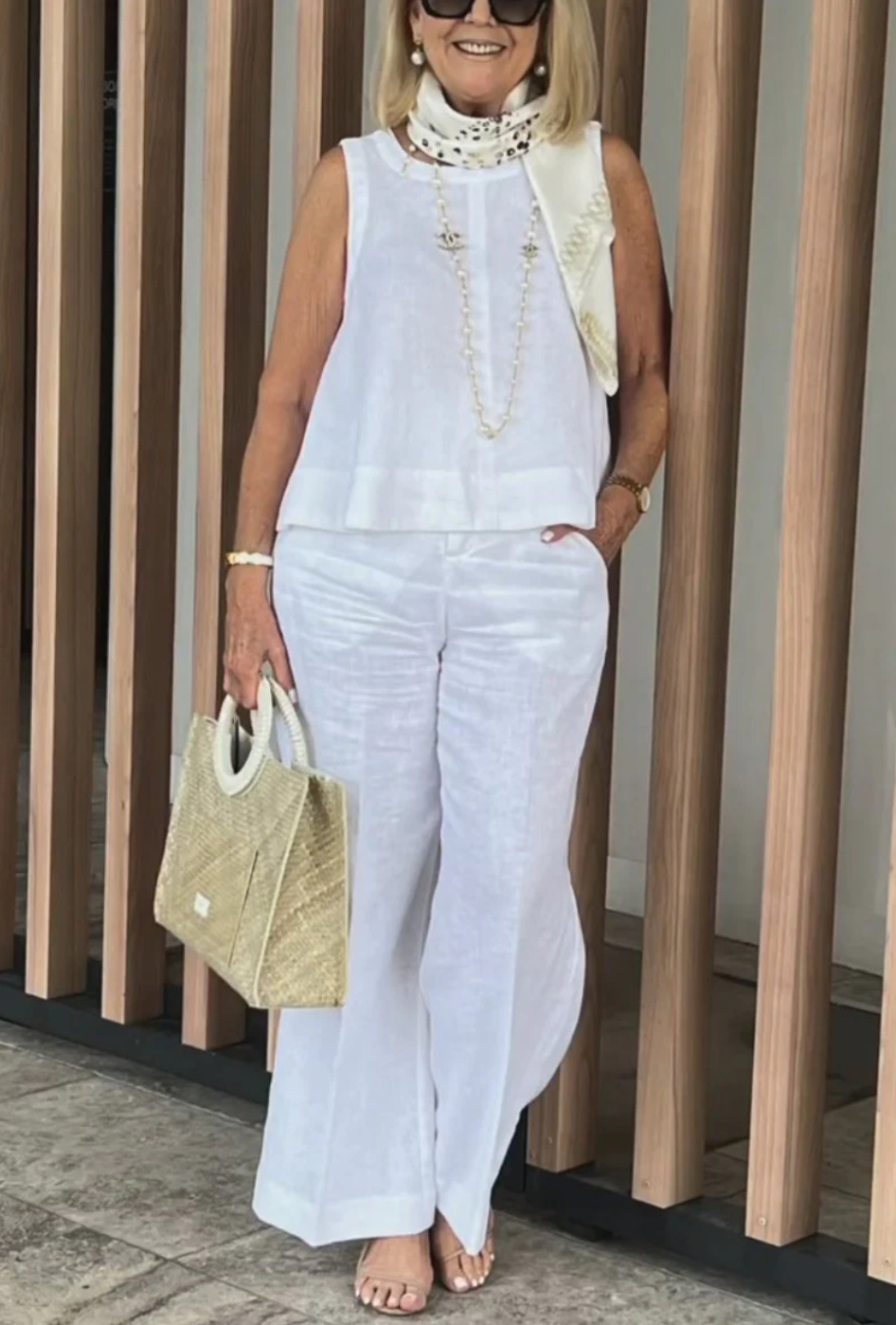 Linen Sleeveless Top and Wide Leg Pants Two Piece Set