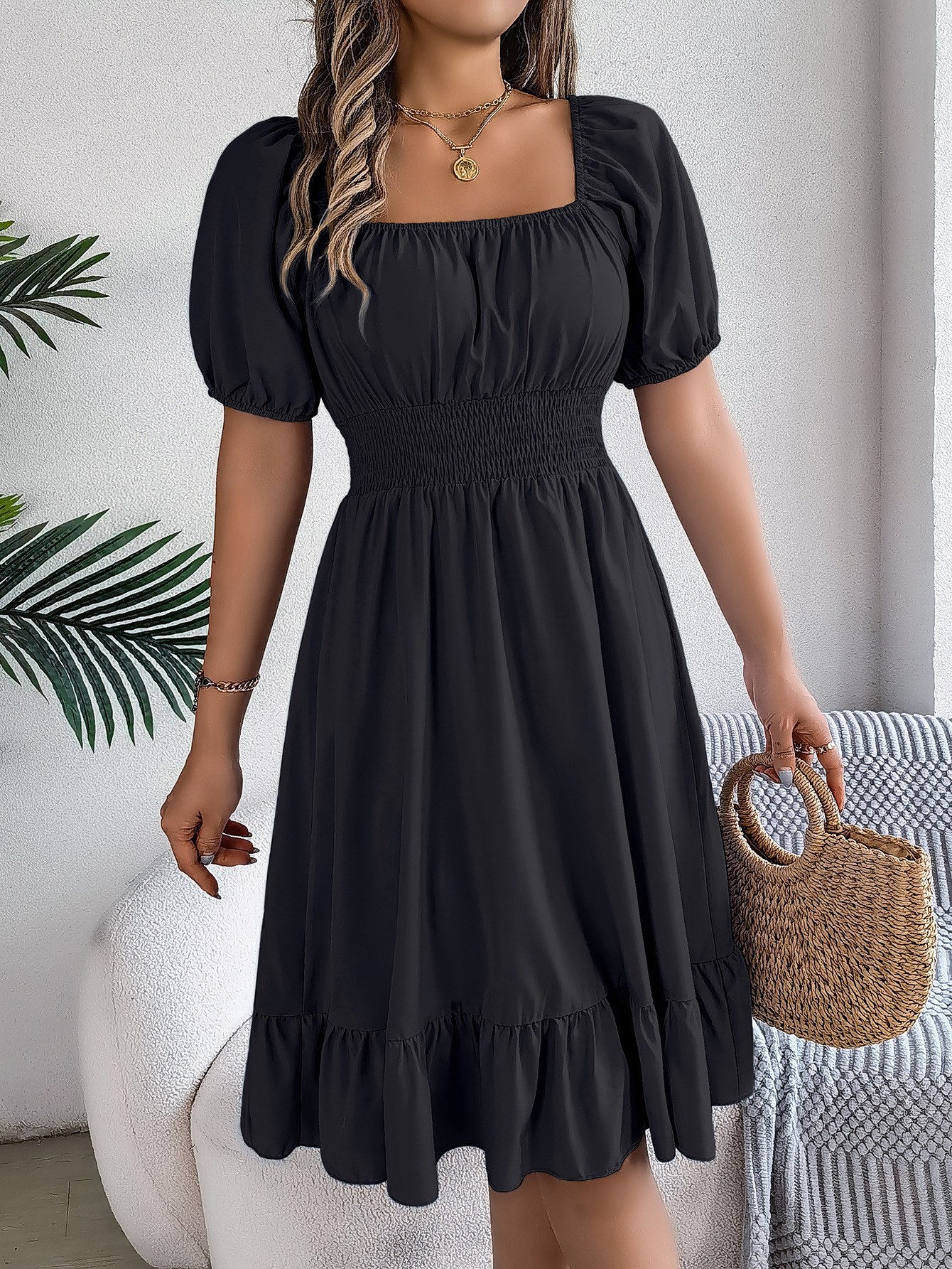 Romantic Square Neck Smocked Waist Ruffle Hem Midi Dress