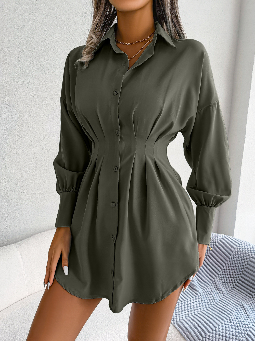 [PL] Pleated Waist Button-Front Shirt Dress