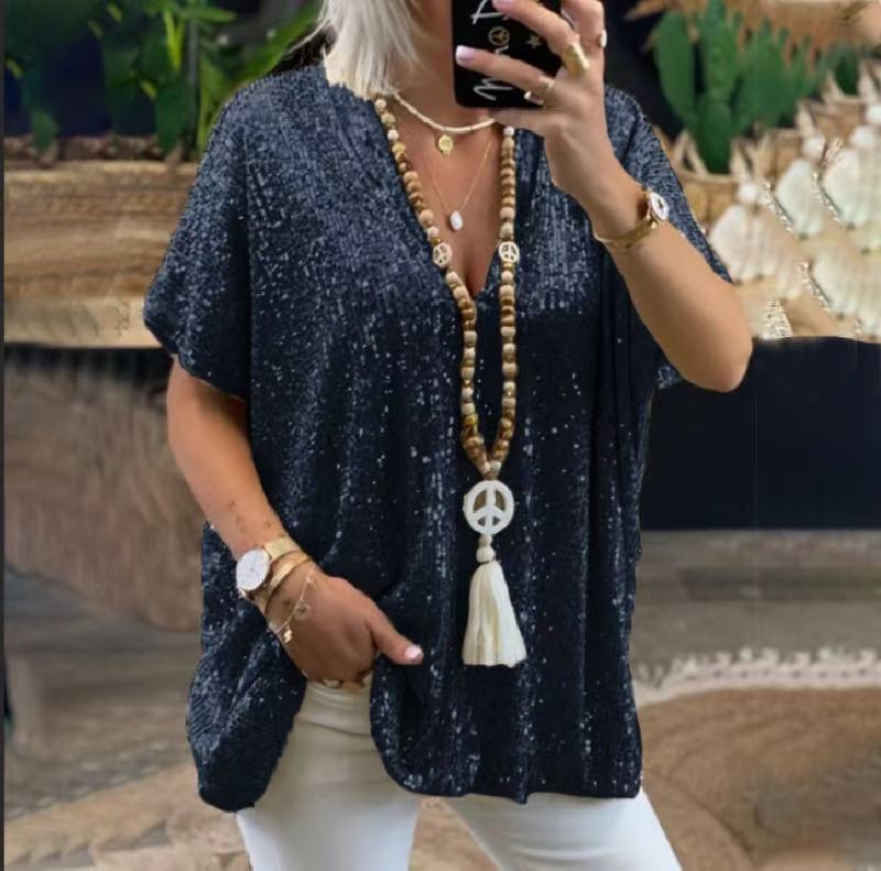 Relaxed Sequin V-Neck Short Sleeve Blouse (Buy 2 Free Shipping)