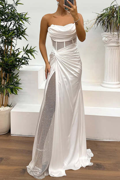 Satin Paneled Mesh Sequin Fabric Off Shoulder Ruched Drape Maxi Dress (Buy 2 Free Shipping)