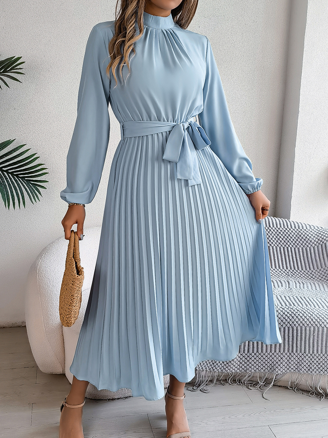 Elegant Long Sleeve Pleated Midi Dress with Waist Tie (Buy 2 Free Shipping)