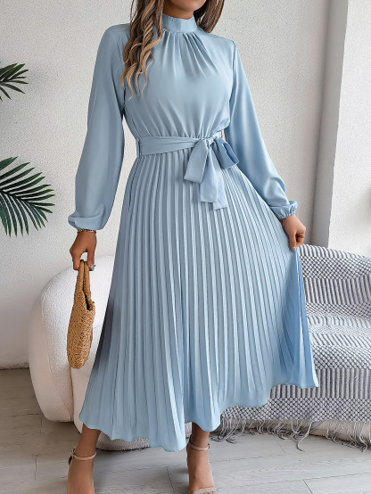Elegant Long Sleeve Pleated Midi Dress with Waist Tie (Buy 2 Free Shipping)