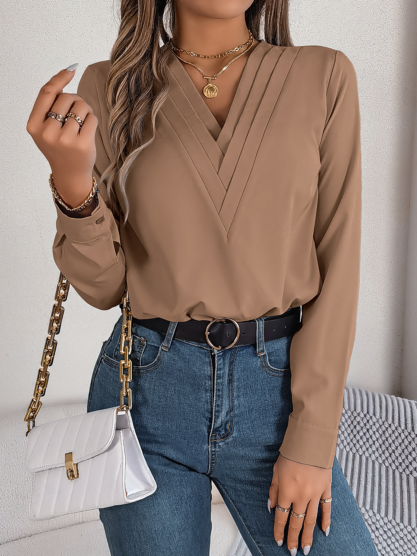 [PL] Pleated V-Neck Long Sleeve Blouse