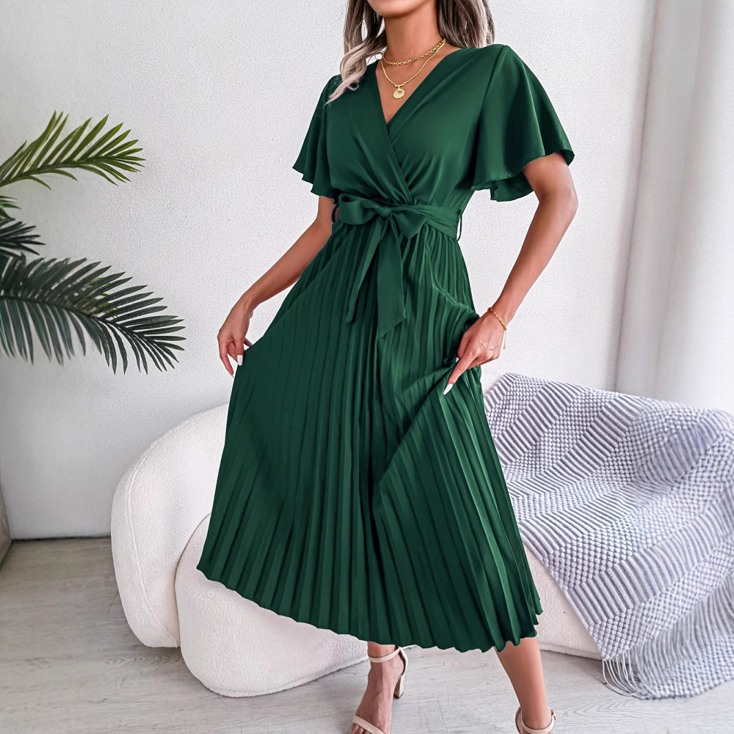 Elegant Pleated Belted Flutter Sleeve Midi Dress (Buy 2 Free Shipping)