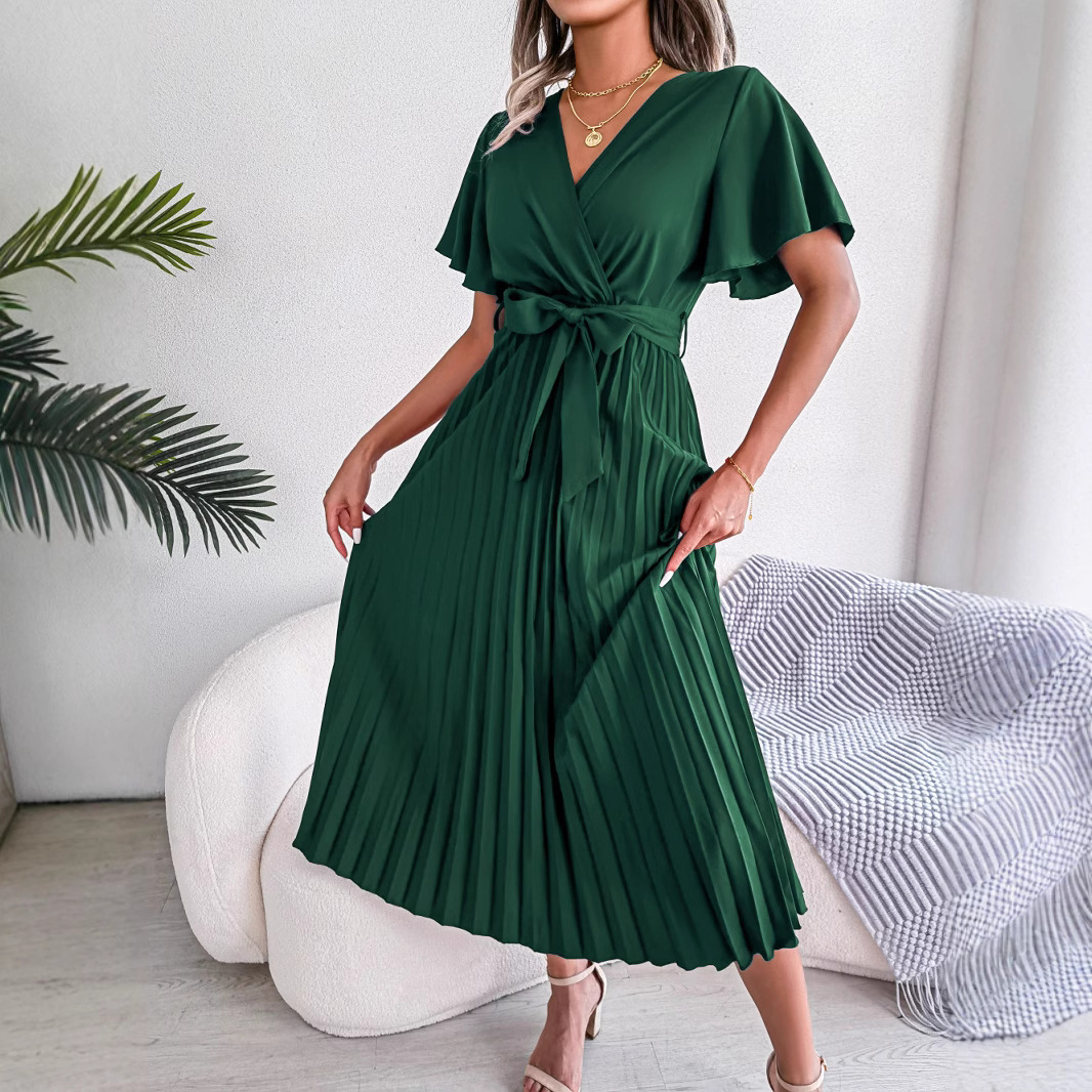 Elegant Pleated Belted Flutter Sleeve Midi Dress (Buy 2 Free Shipping)