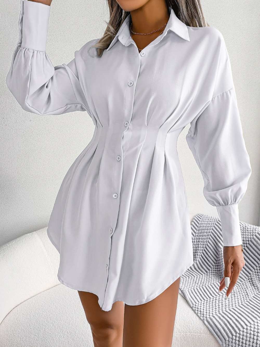 [PL] Pleated Waist Button-Front Shirt Dress