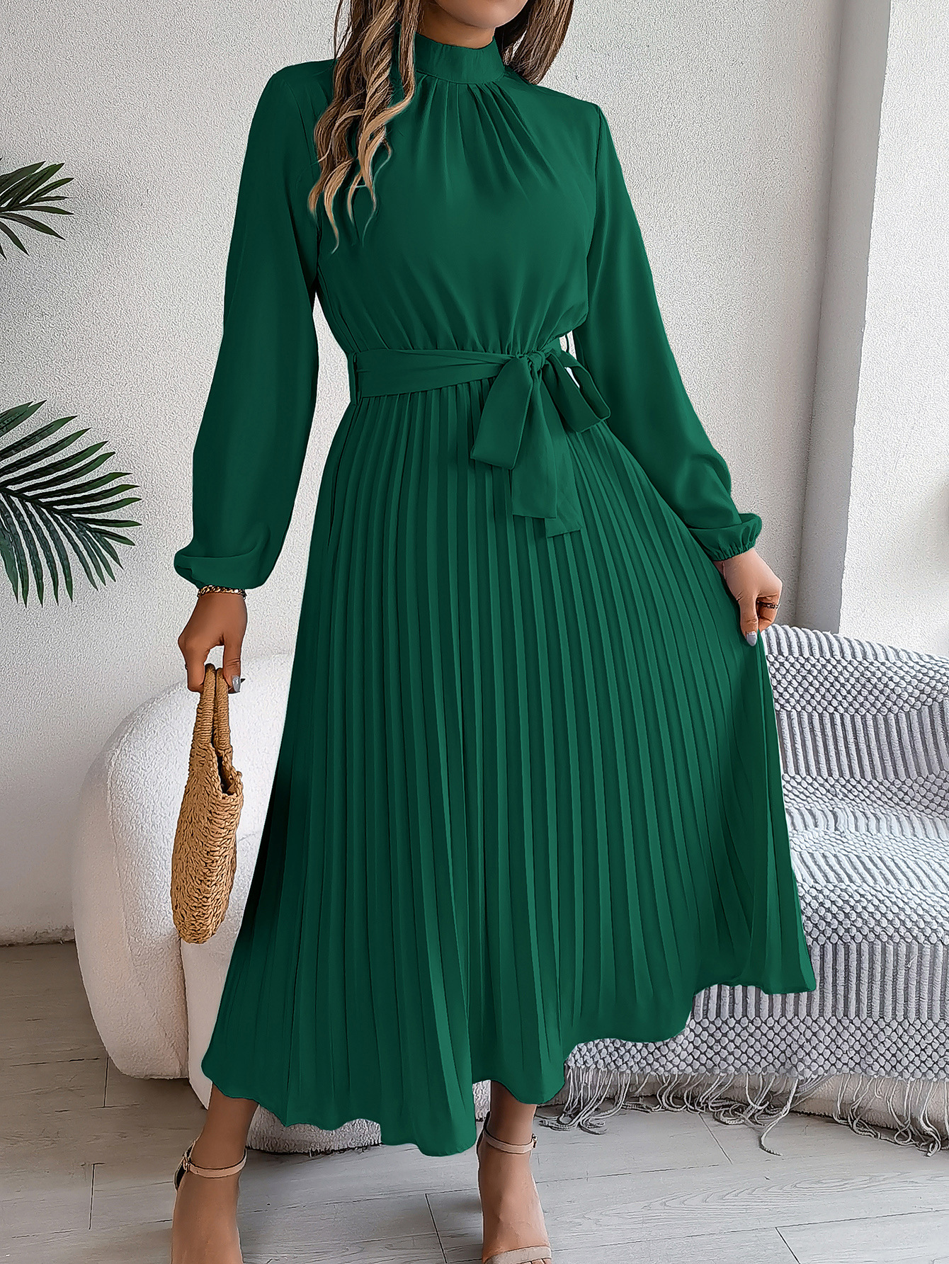Elegant Long Sleeve Pleated Midi Dress with Waist Tie (Buy 2 Free Shipping)