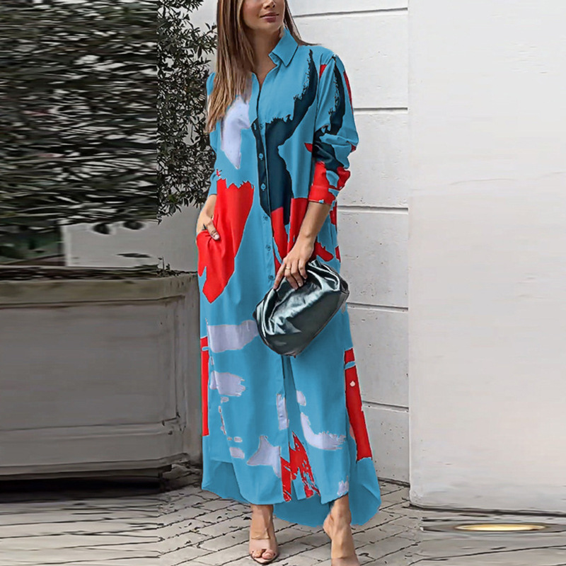 Abstract Print Button-Down Maxi Shirt Dress (Buy 2 Free Shipping)
