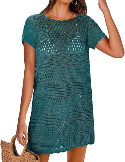 Breezy Crochet Open-Knit Short Sleeve Cover-Up Dress