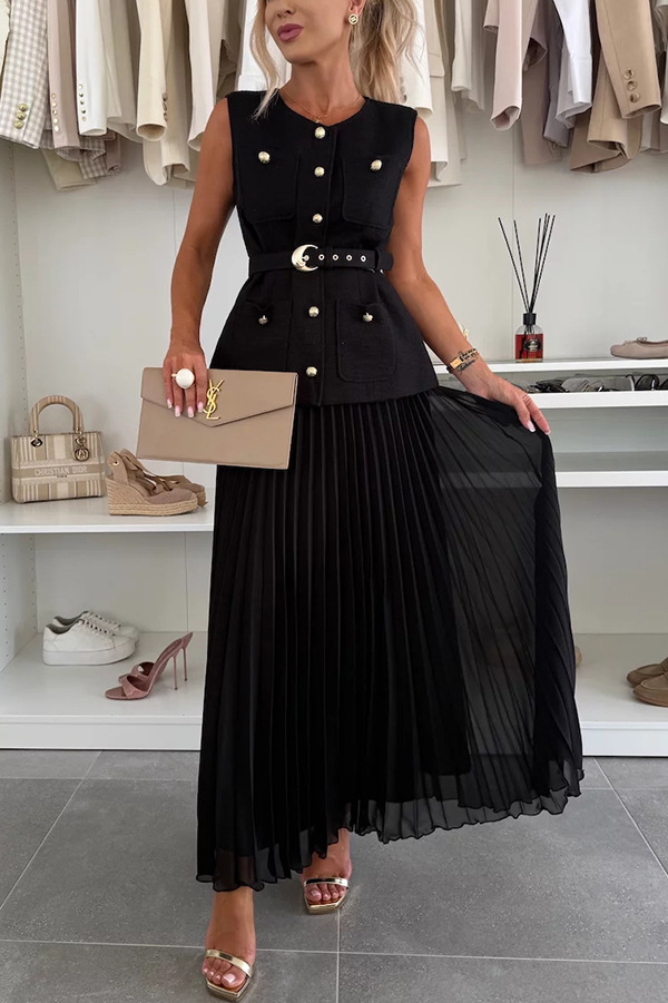 Elegant Sleeveless Belted Top and Pleated Maxi Skirt Set